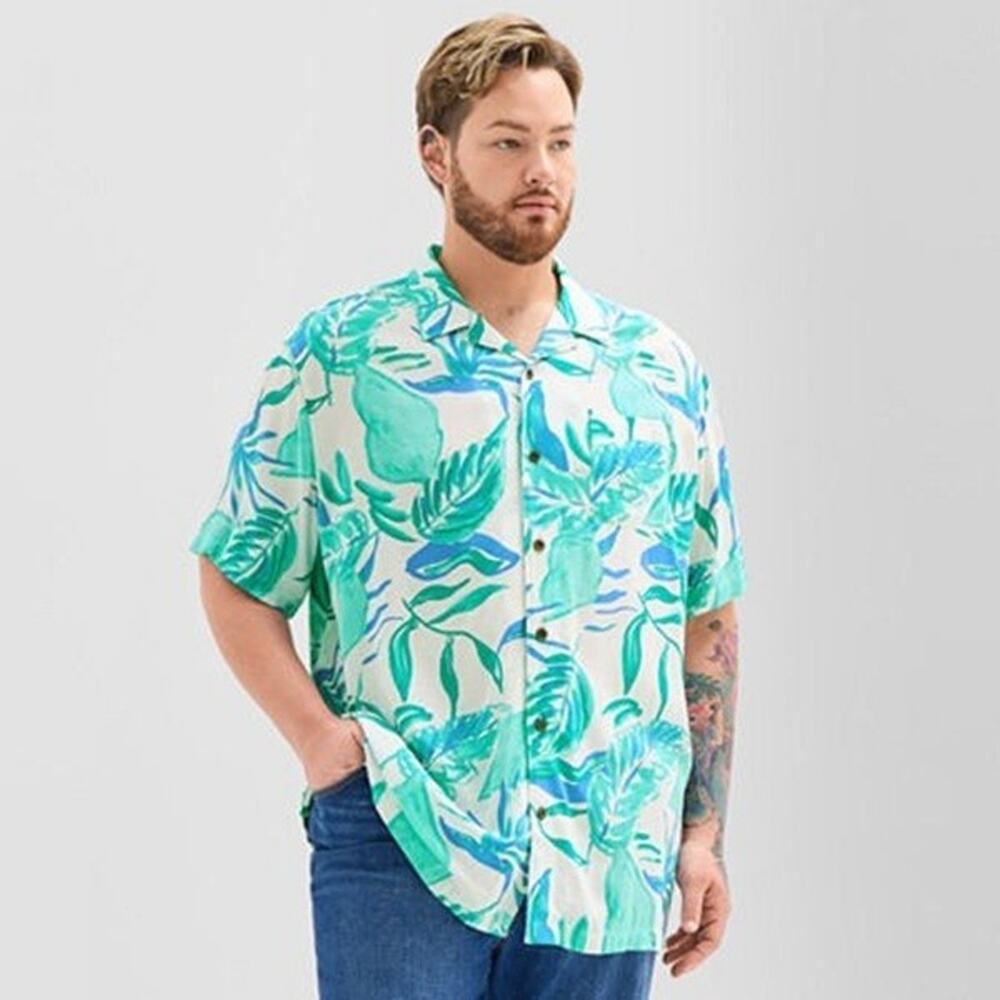 St Johns Bay 4XL Camp Shirt Turquoise Green Tropical Pocket Classic Fit Woven